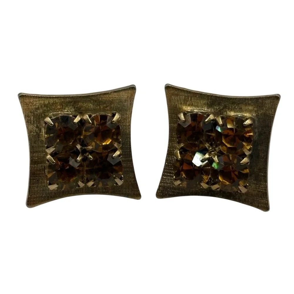 Yellow Rhinestone Cufflinks‎ Square MCM Vintage Gold Tone Men's Formal Prong Set
